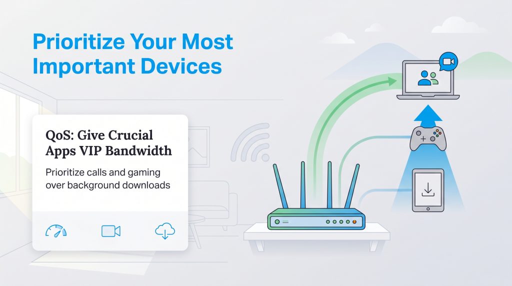 Illustration showing a Wi-Fi router prioritizing bandwidth for video calls and gaming over downloads using QoS.