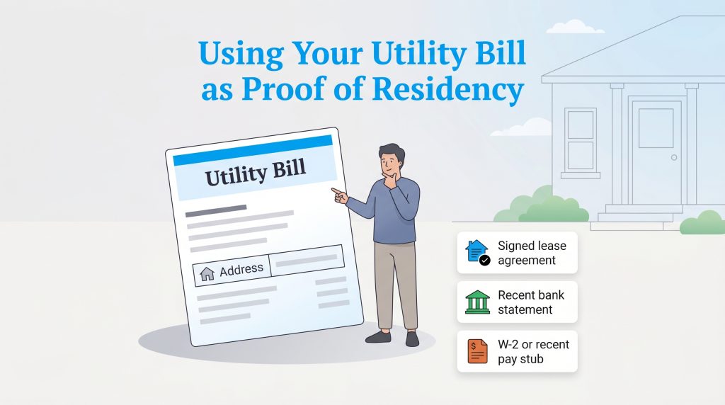 Illustration of a man pointing to a utility bill, with alternative residency documents listed nearby.