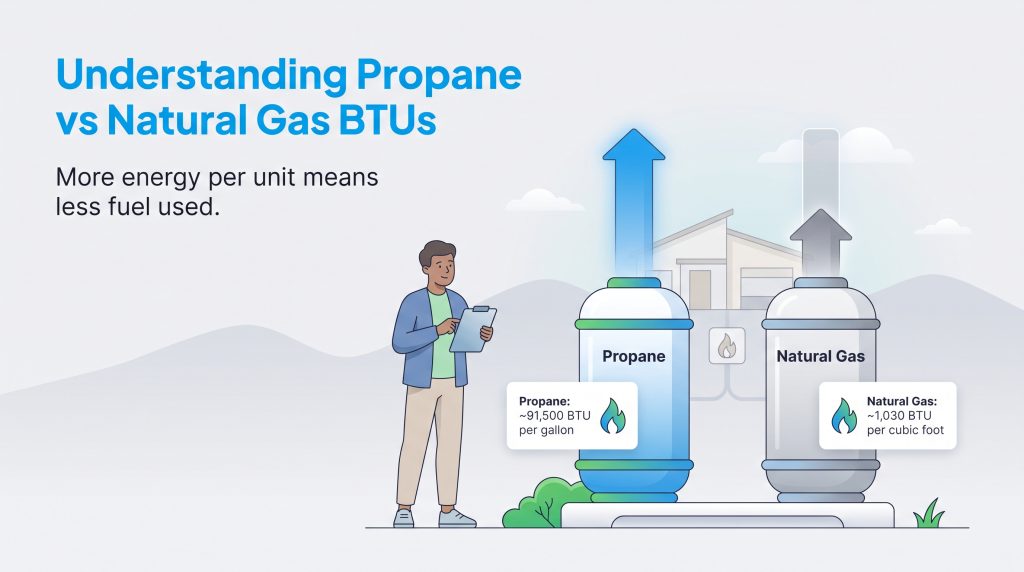 Illustration comparing energy density: Propane (~91,500 BTU/gal) vs Natural Gas (~1,030 BTU/cf).