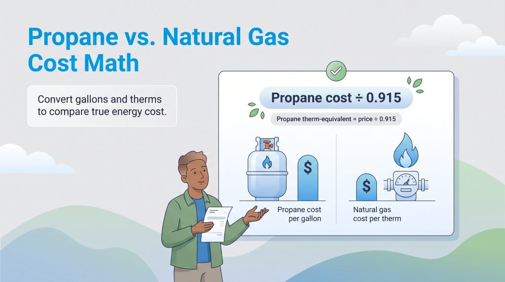 Infographic with formula to convert propane gallons to therms for natural gas cost comparison.