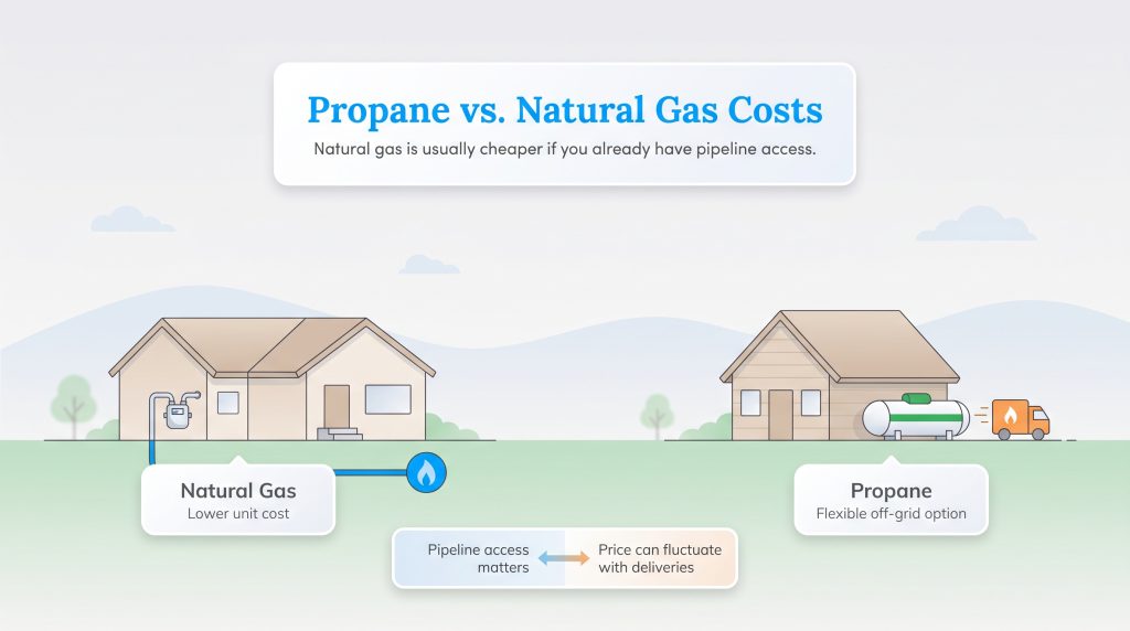 Infographic comparing natural gas and propane costs, showing pipeline access vs delivery tanks.