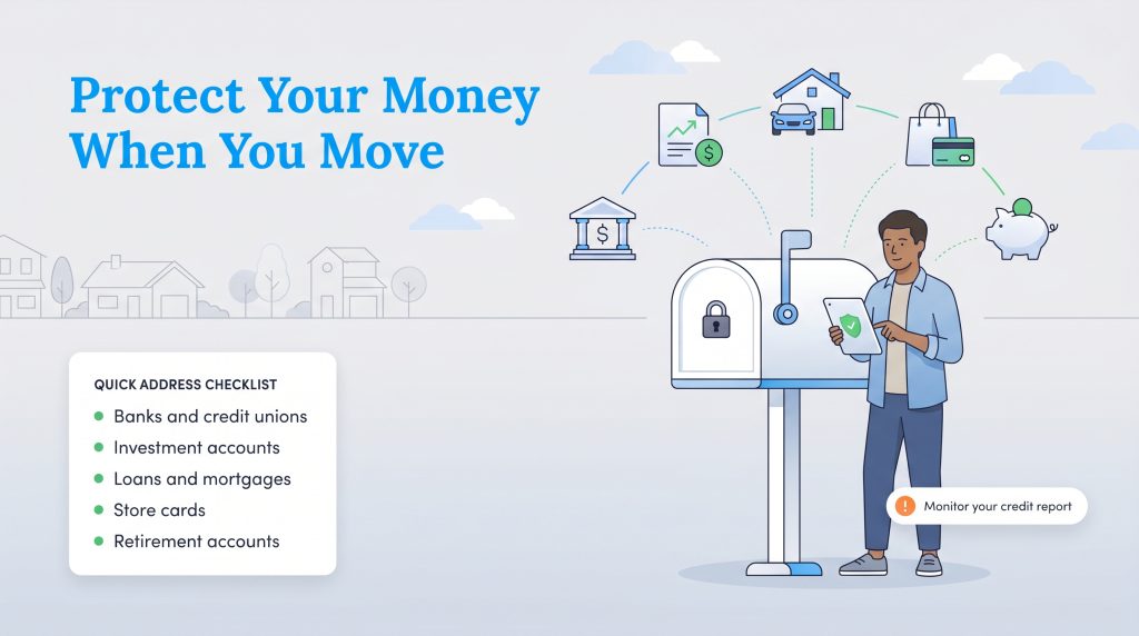 Man with tablet by a secured mailbox and a checklist of financial institutions to notify of a move.