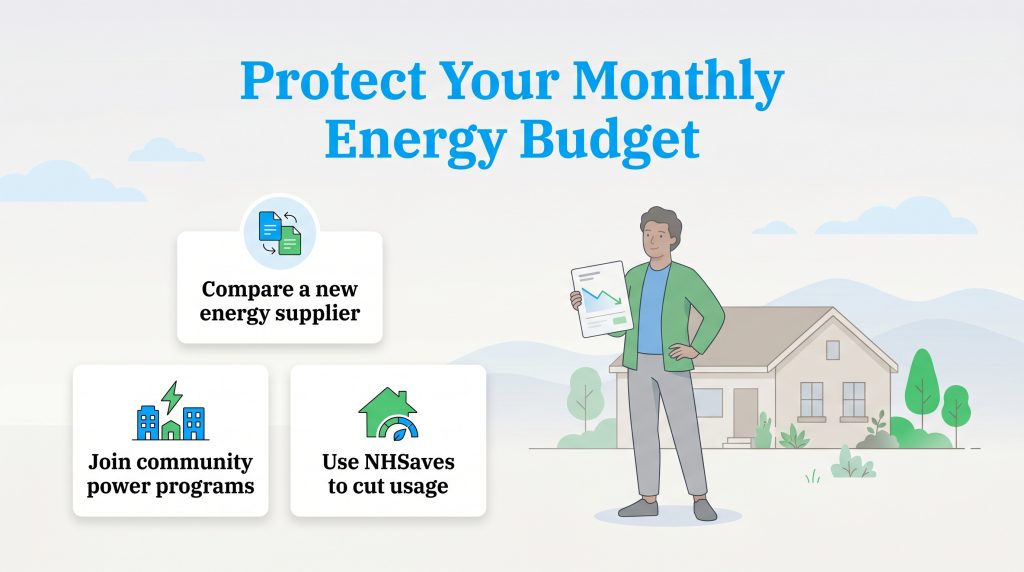 An infographic titled Protect Your Monthly Energy Budget shows three options: Compare a new energy supplier, Join community power programs, and Use NHSaves to cut usage.
