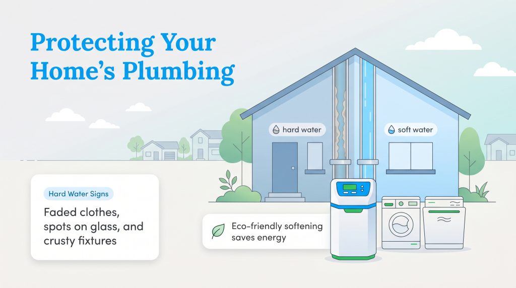Illustration comparing hard water damage to soft water benefits using a water softener system.