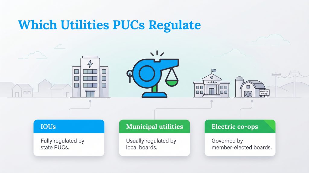 Diagram showing PUCs regulate IOUs, while municipal utilities and co-ops are governed locally.