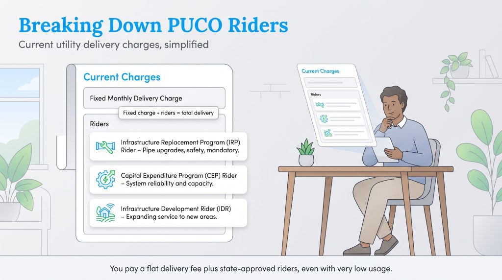 Infographic explaining PUCO riders on a utility bill, including the fixed charge, IRP, CEP, and IDR.