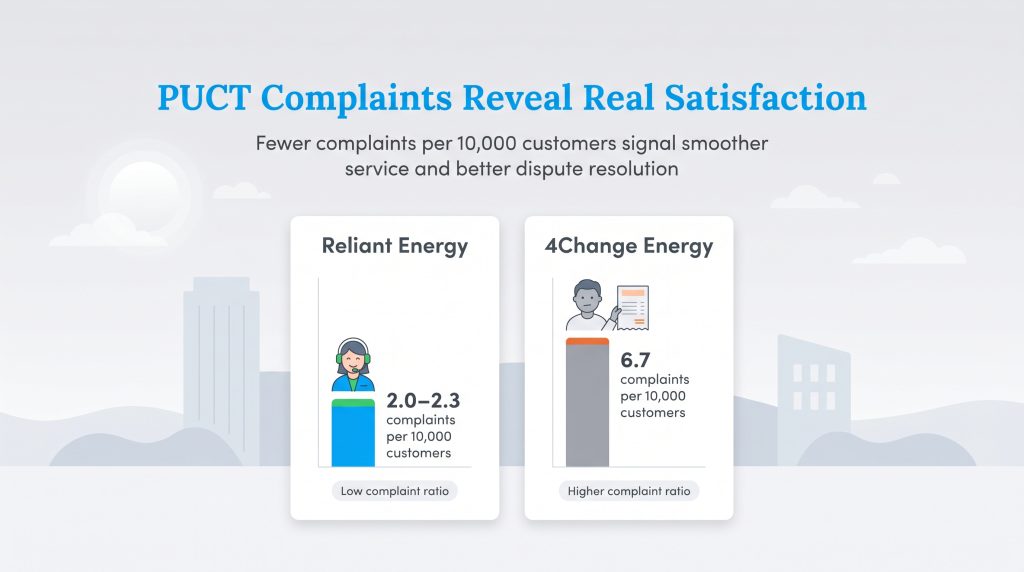 Infographic comparing Reliant Energy's low PUCT complaint ratio (2.0-2.3) with 4Change Energy's higher ratio (6.7) per 10,000 customers.