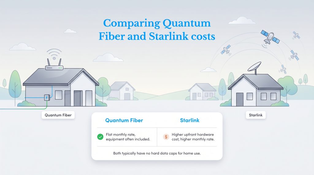 An illustration comparing Quantum Fiber and Starlink costs, showing fiber is a flat rate and satellite has higher initial and monthly fees.