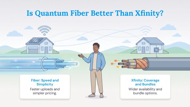 A comparison of Quantum Fiber's speed and simplicity against Xfinity's coverage and bundles.