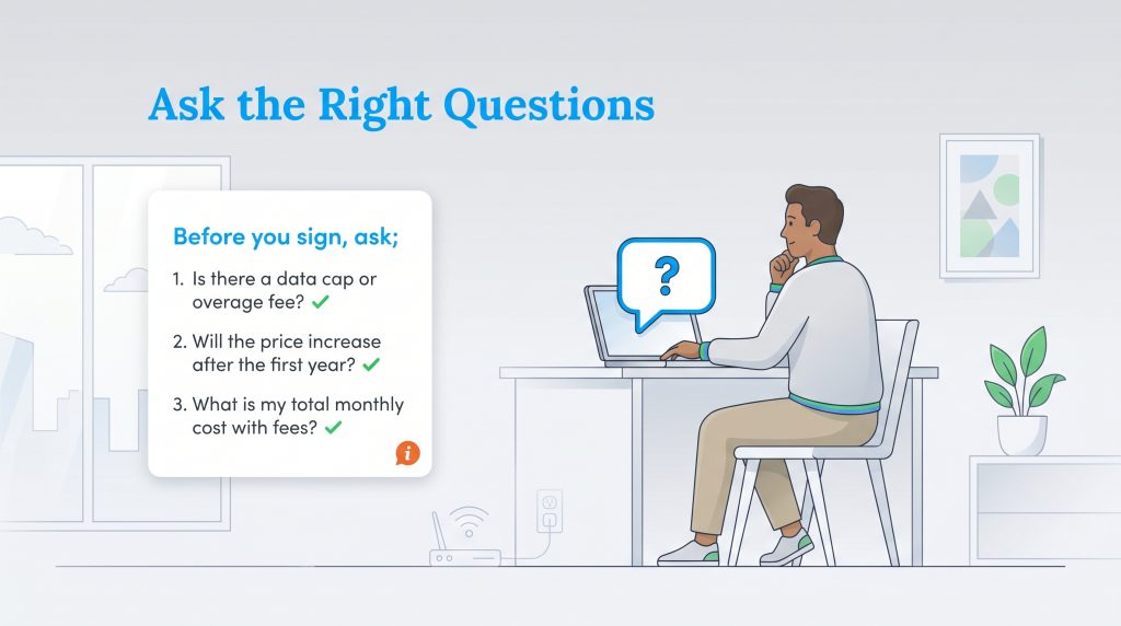 Person at laptop with a list of key questions to ask an internet provider before signing.