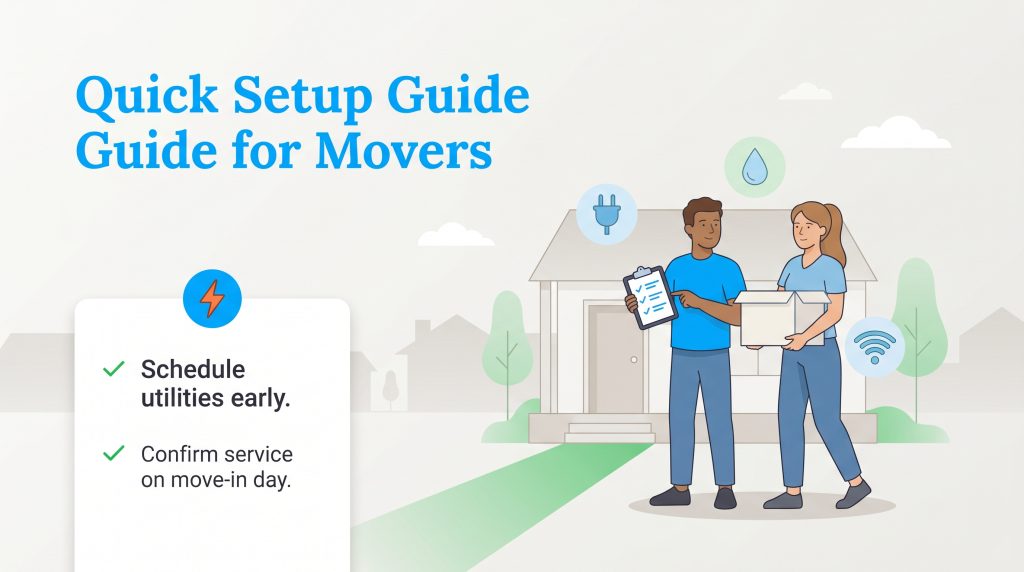 A couple moving into a new home with a checklist, next to a quick guide for setting up utilities.