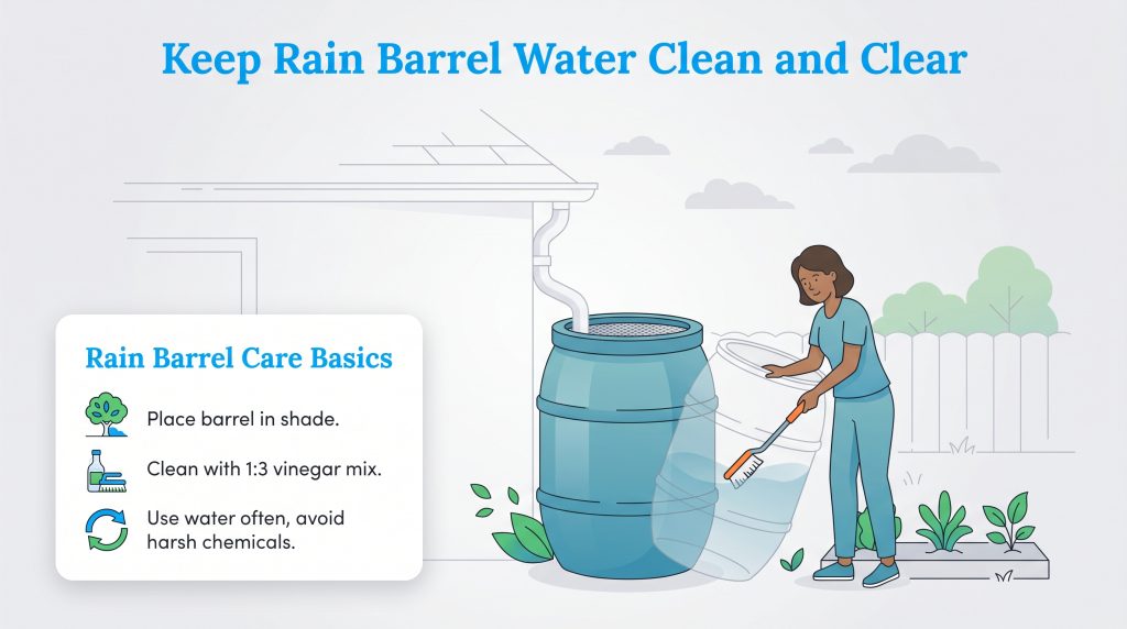 Infographic showing how to clean a rain barrel with vinegar and basics like placement and usage.