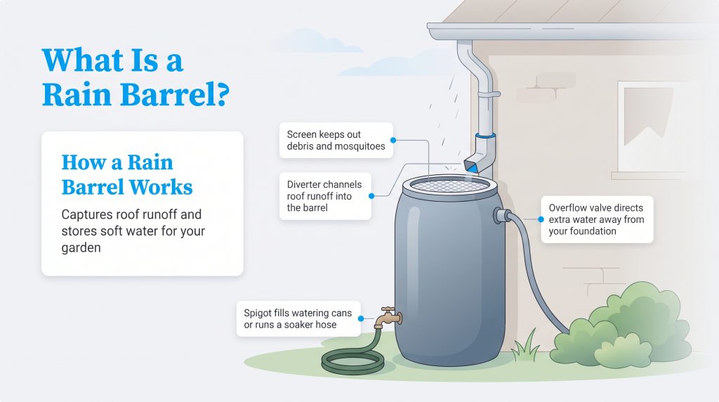 A diagram illustrating a rain barrel system with labels for the gutter connection, screen, diverter, spigot, and overflow valve.