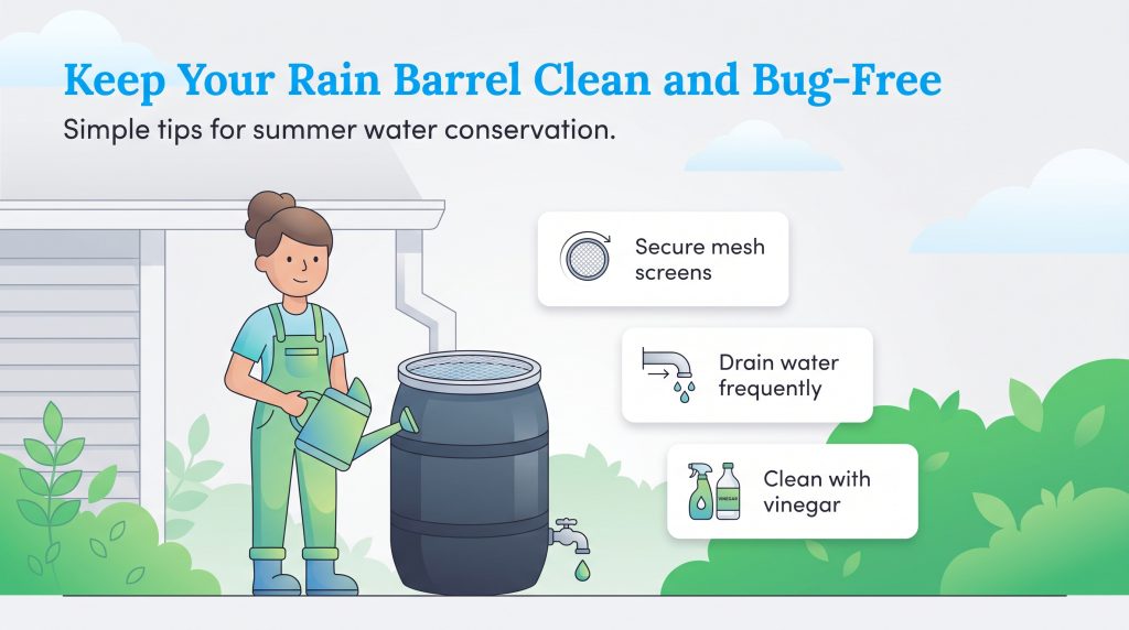 Infographic shows tips to keep rain barrels clean: secure screens, drain water, and clean with vinegar.