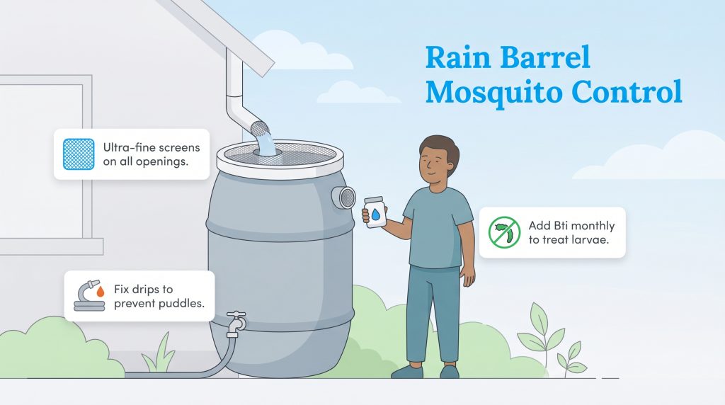 Illustration showing a man treating a rain barrel with Bti, plus screens and leak repairs to stop mosquitoes.