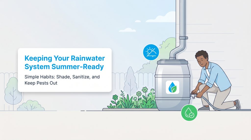A man connects a hose to a rain barrel, with icons for shade, sanitation, and pest control.