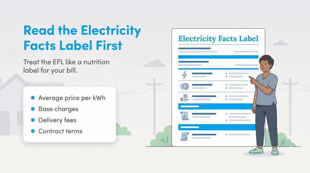 Illustration showing a person pointing to an Electricity Facts Label document with a checklist of key components to review.