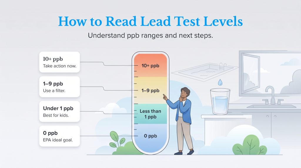 Infographic showing water lead level ranges in ppb and recommended actions for each.