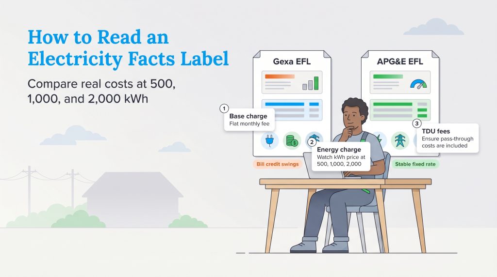 Infographic guides how to read an Electricity Facts Label, comparing Gexa and APG&E plans and highlighting base charge, energy charge, and TDU fees.