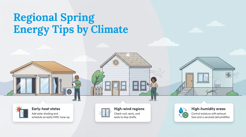 Infographic showing regional spring energy tips for early-heat, high-wind, and high-humidity climates.