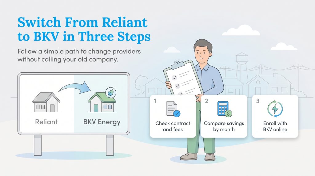 Illustration showing how to switch from Reliant to BKV Energy in three simple steps.