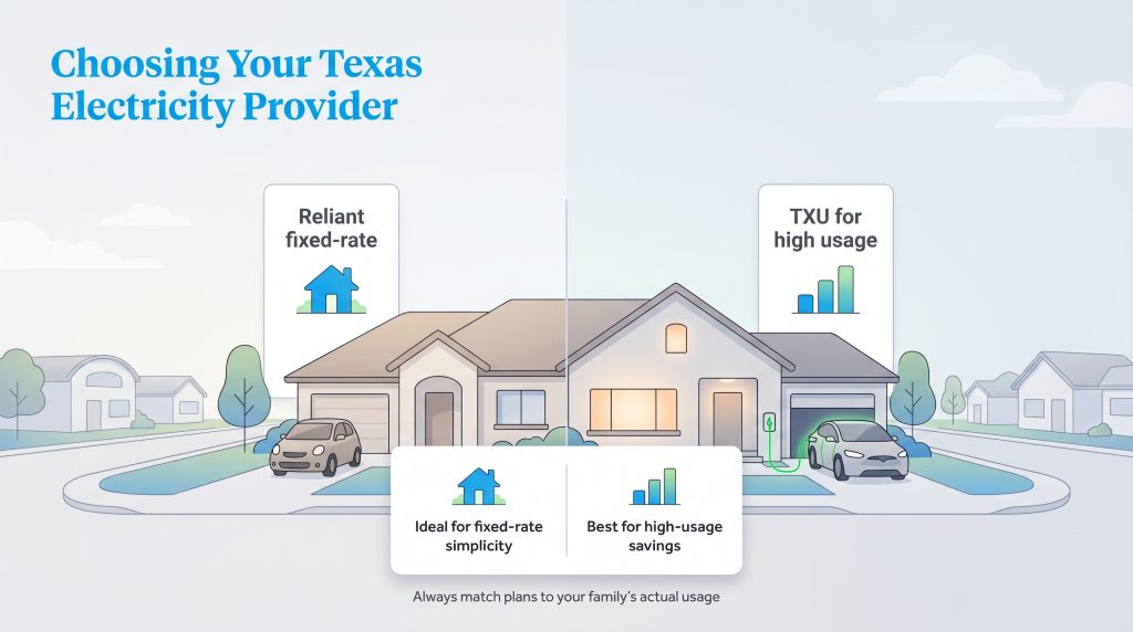 Graphic comparing Reliant for fixed-rate simplicity and TXU for high-usage savings, showing a house and EV.