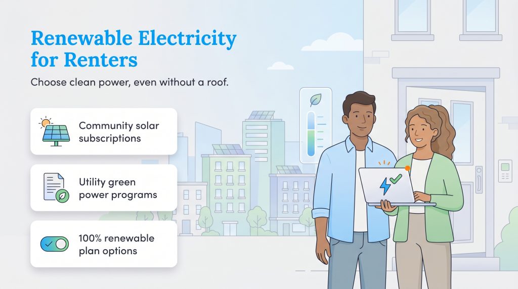 Illustration depicting renters selecting renewable electricity options like community solar and green plans.