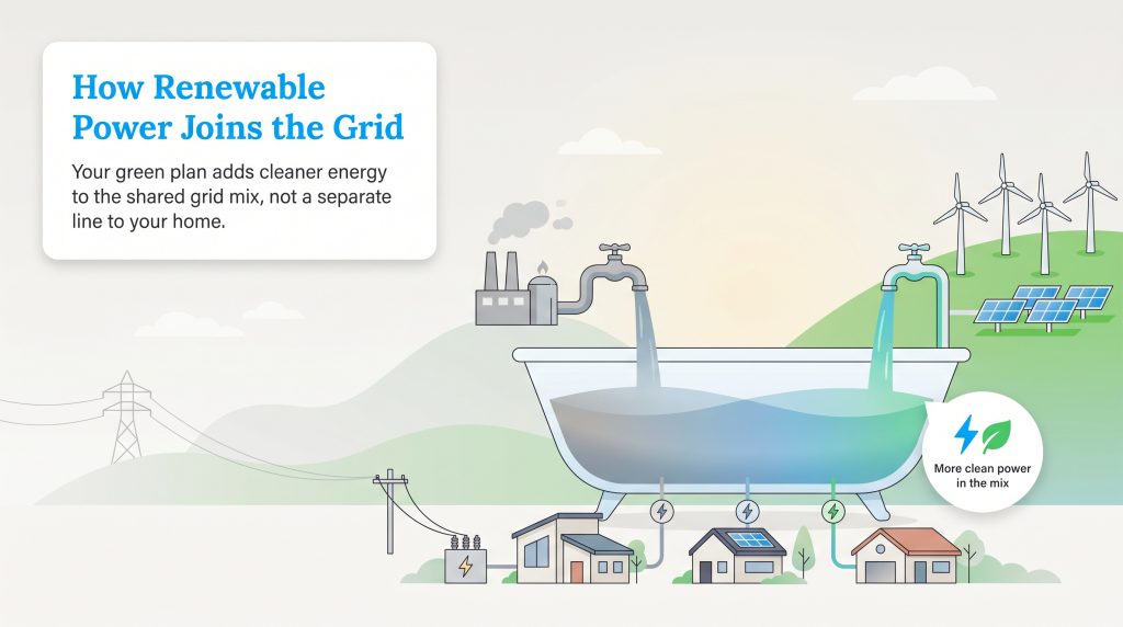 Infographic illustrating the power grid as a bathtub where renewable and dirty energy sources mix.
