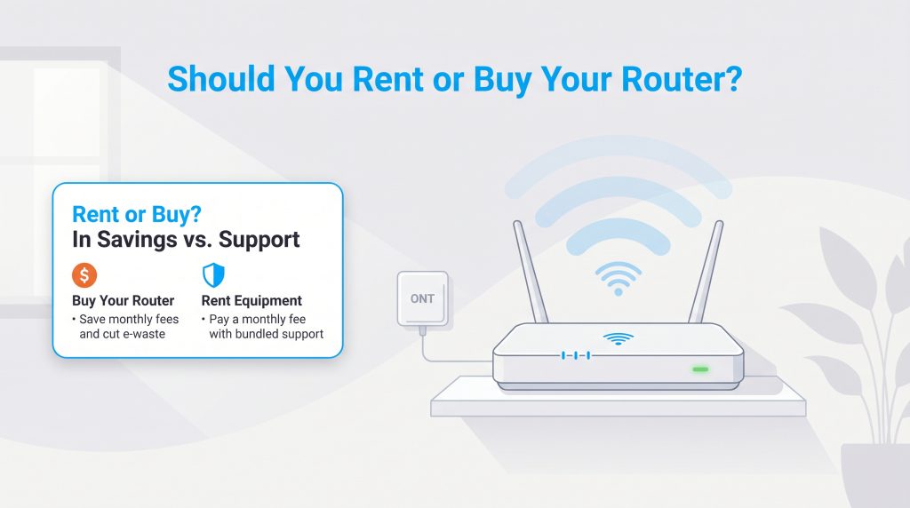 Infographic comparing buying a router to save fees versus renting one for bundled tech support.