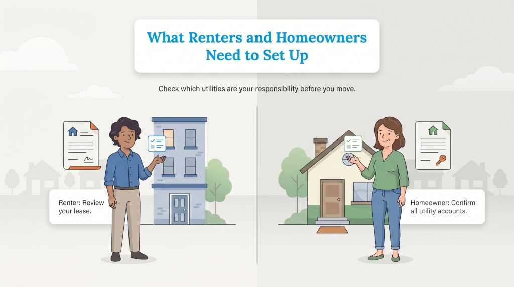 Illustration showing a renter reviewing their lease and a homeowner confirming utility accounts.