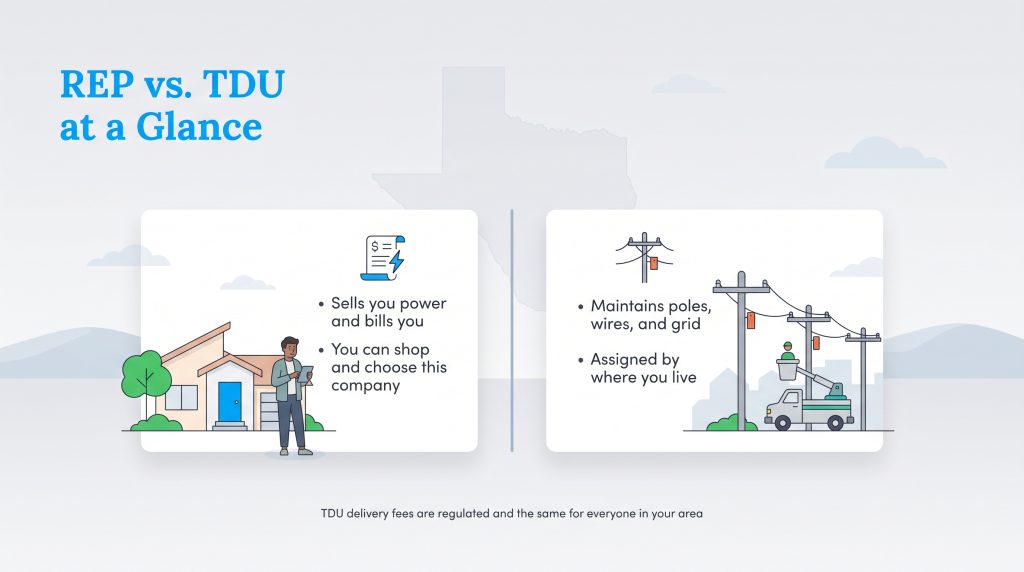 Infographic comparing Retail Electricity Providers (REPs) and Transmission and Distribution Utilities (TDUs).