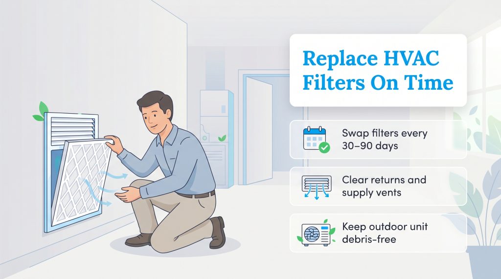 A man is replacing an HVAC filter in a wall vent, alongside tips for frequency and maintenance.