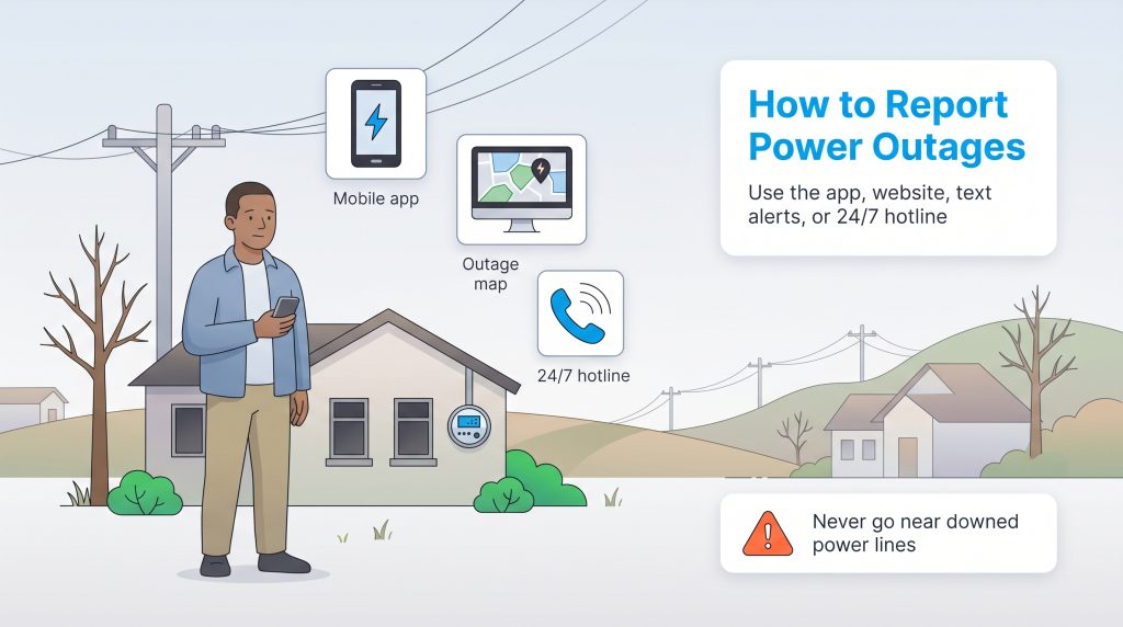 Infographic showing a person using a phone, with icons for mobile app, outage map, hotline, and text alerts to report power outages.