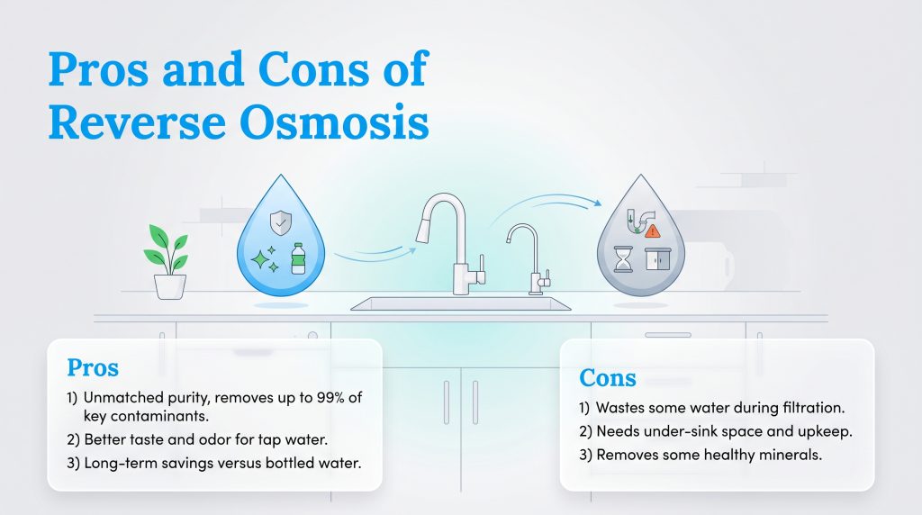 Infographic comparing the pros and cons of reverse osmosis systems, with icons and listed bullet points.