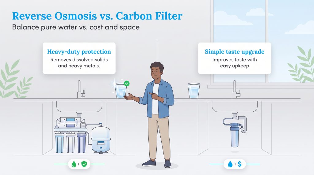 Infographic comparing Reverse Osmosis (heavy-duty protection) and Carbon Filter (simple taste upgrade) systems.