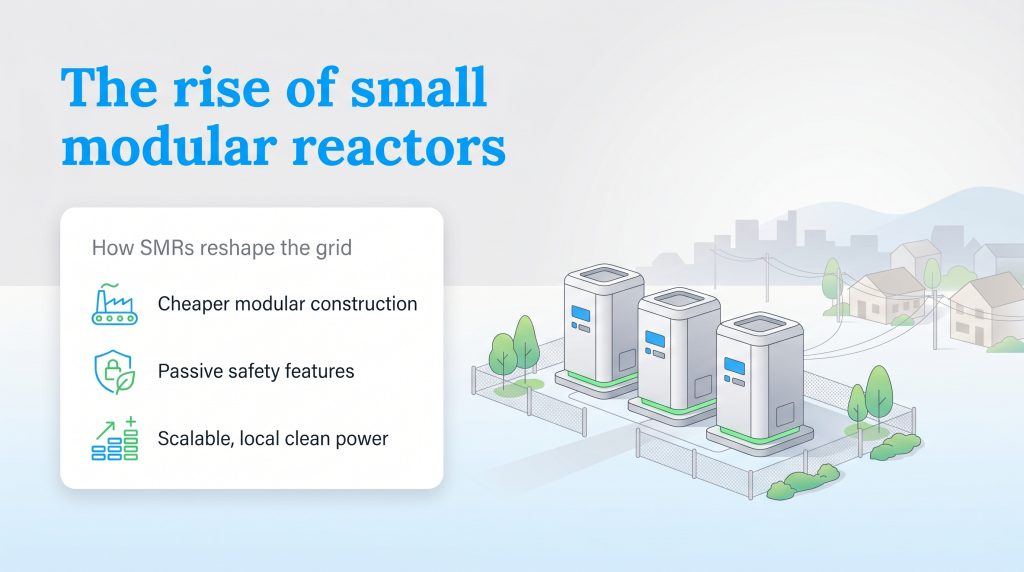 Infographic: How SMRs reshape the grid with cheaper construction, passive safety, and scalability.