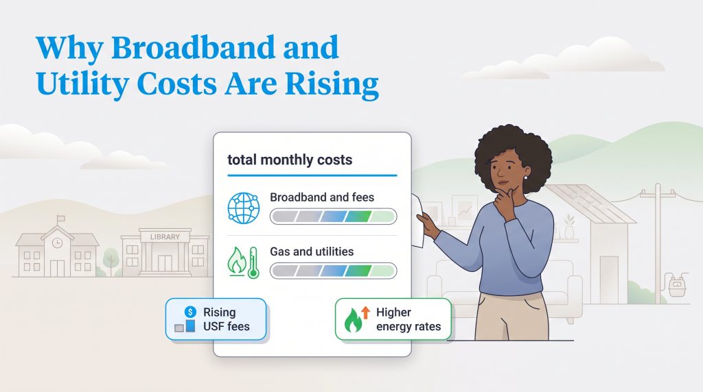 A woman reviews a breakdown of rising monthly costs caused by higher USF fees and energy rates.