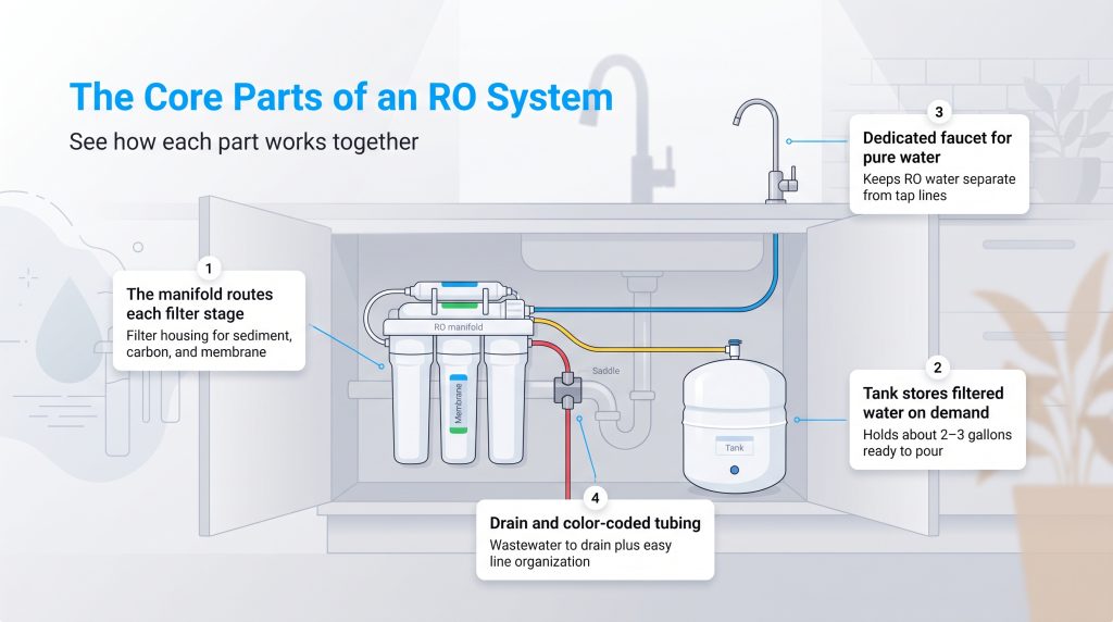 Diagram of an under-sink RO system showing the manifold, storage tank, faucet, and drain connections.