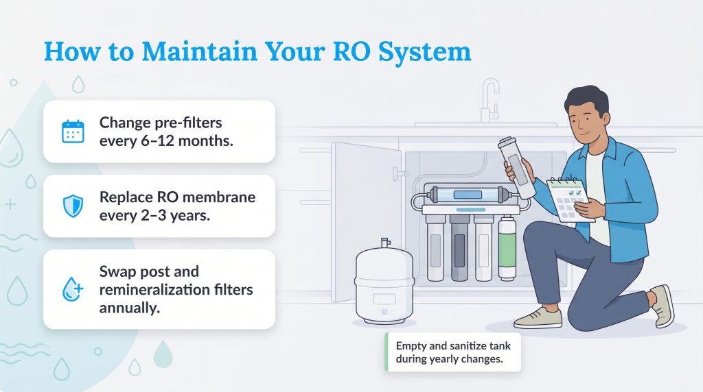Infographic showing a person by an RO system, listing filter changes at 6-12 months, 2-3 years, and annually, plus tank sanitization.