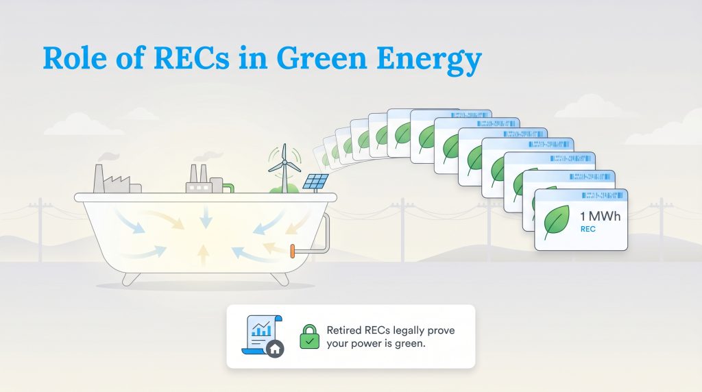 Diagram showing RECs tracking green energy generation separate from the mixed power grid bathtub.