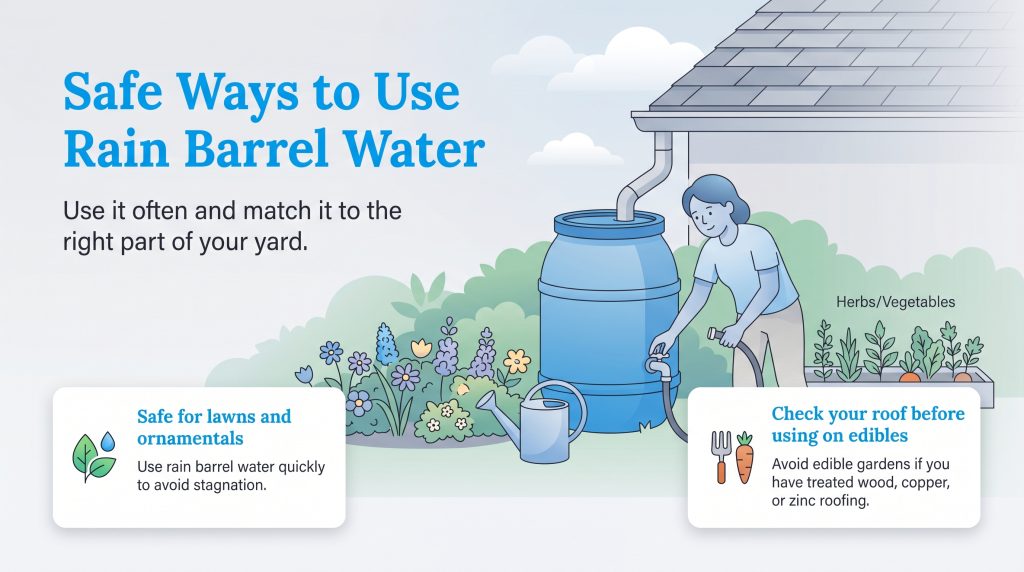 Illustration showing safe rain barrel use for gardens and warning about roof materials for edibles.