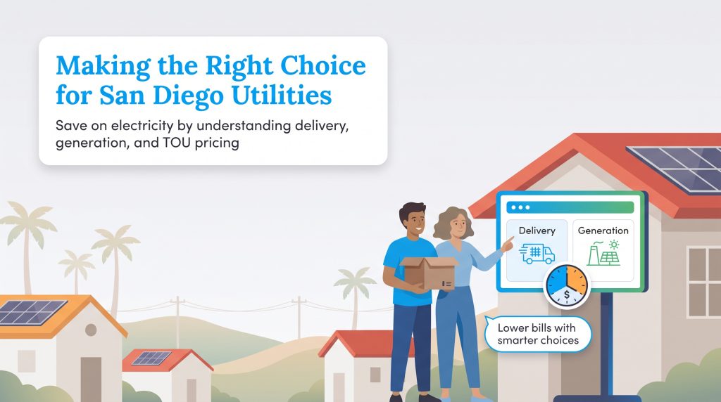 Couple with moving boxes and solar home comparing San Diego utility delivery and generation options.