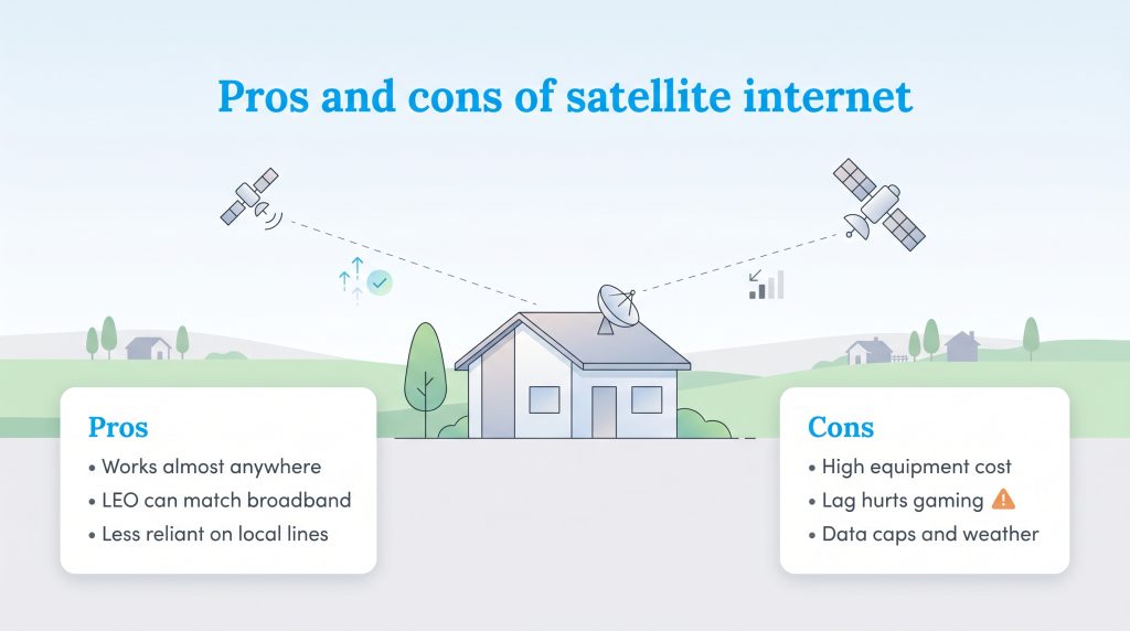 Infographic showing the pros and cons of satellite internet for remote homes.