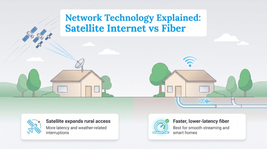 Illustration comparing satellite internet reception from space versus underground fiber optic cables.