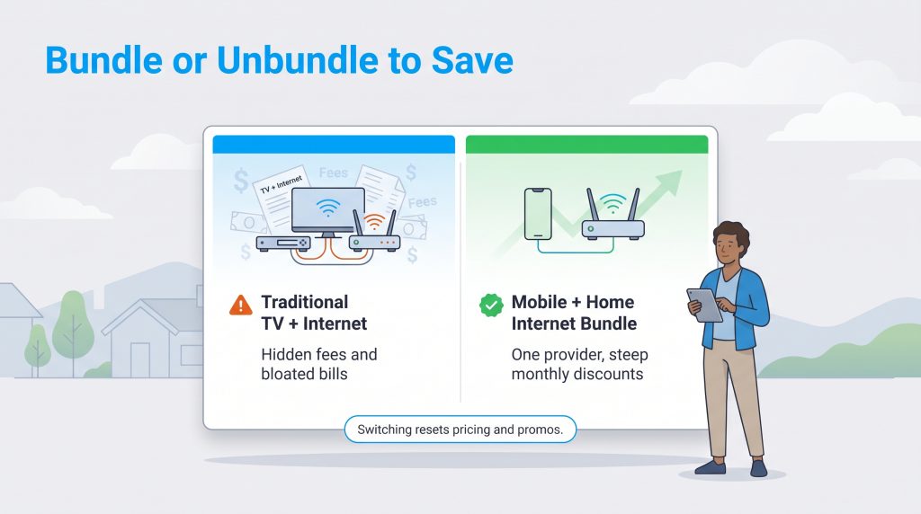 Infographic comparing costly traditional TV bundles versus discounted mobile and home internet bundles.
