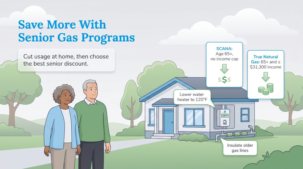 Infographic showing a senior couple and a house with tips to save on gas with senior discounts.