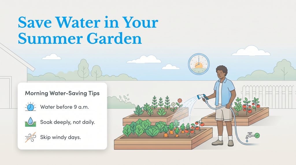 A man waters garden beds before 9 a.m., with a list of morning water-saving tips.
