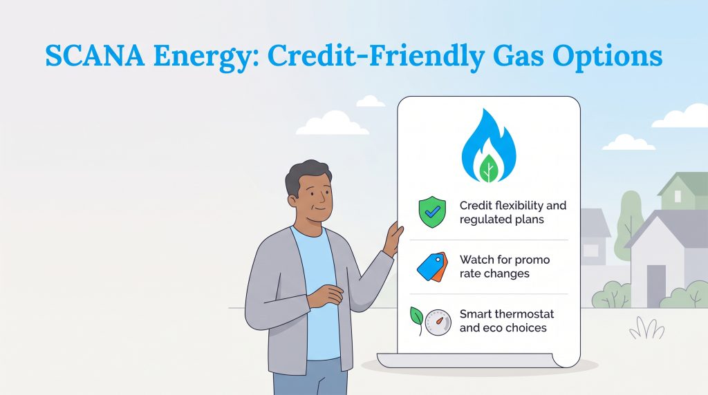 Man next to sign listing SCANA Energy's credit flexibility, promo rate cautions, and eco choices.