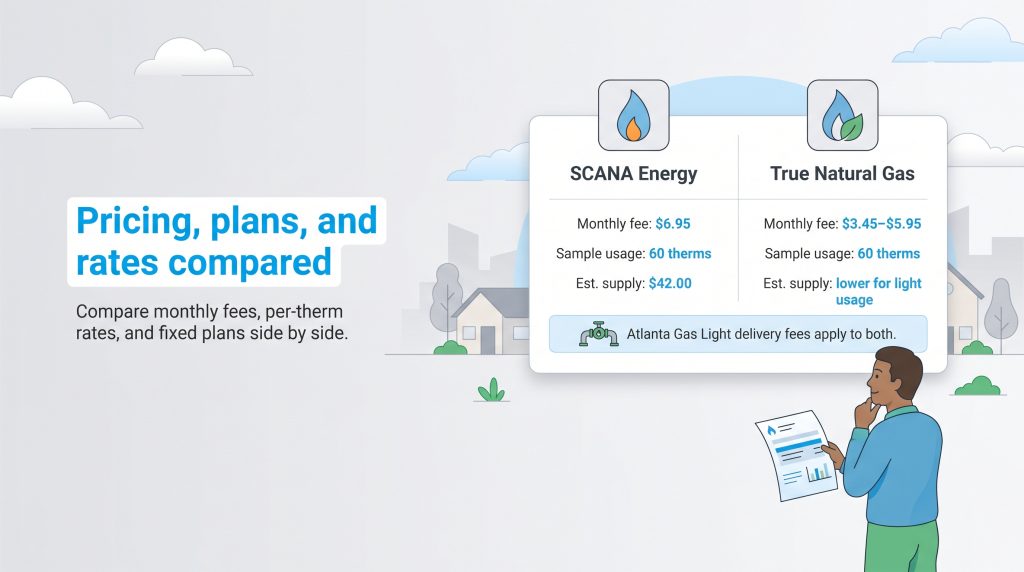 Infographic comparing pricing and fees for SCANA Energy and True Natural Gas.