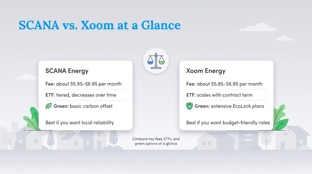 Comparison table of fees, ETFs, green options, and best-for categories for SCANA and Xoom Energy.
